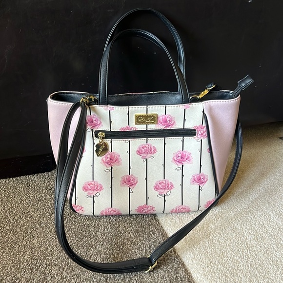 Luv by Betsey Johnson Pink Flowers and Black Purse Satchel - Picture 1 of 9